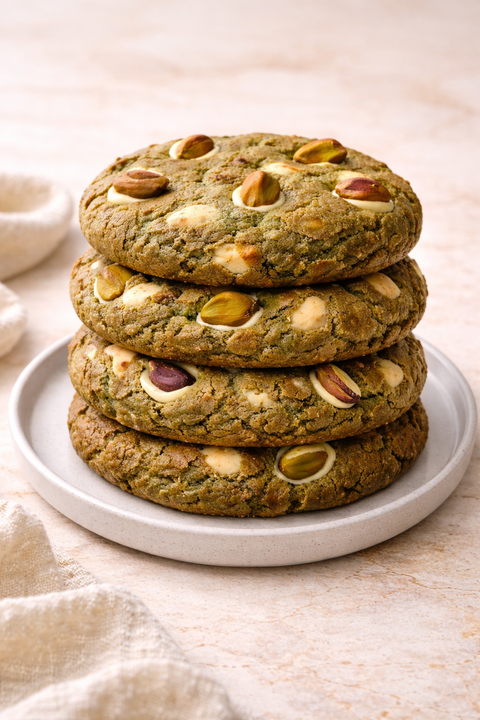 Stack of pistachio cookies on a white plate with a neutral background