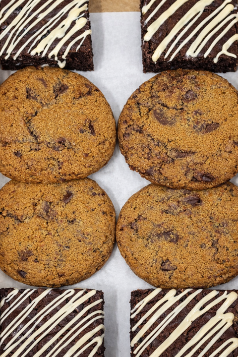 Tynemouth Coffee Bakery cookies and brownies with chocolate chips in a sharing box